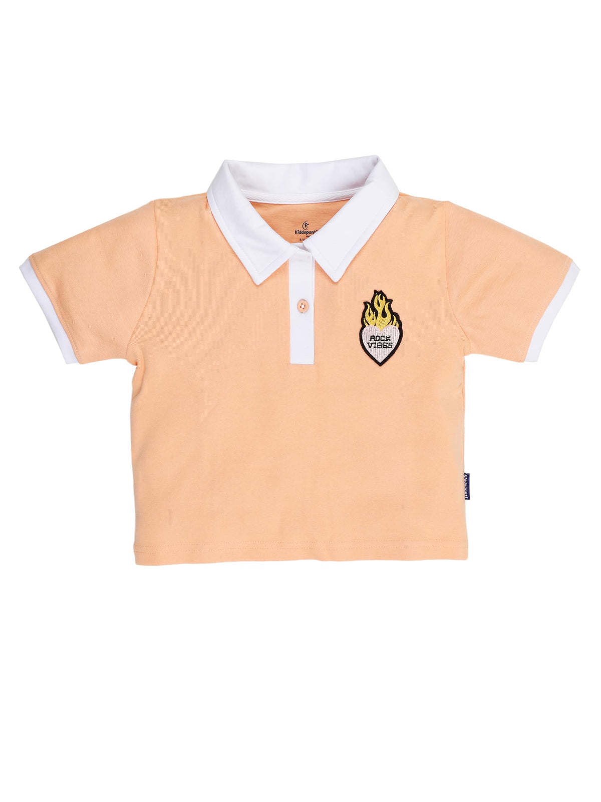 Kiddopanti Girls Crop Length Half Sleeve Polo Tee With Pink Rock Vibes Heart Badge, Peach  810Y