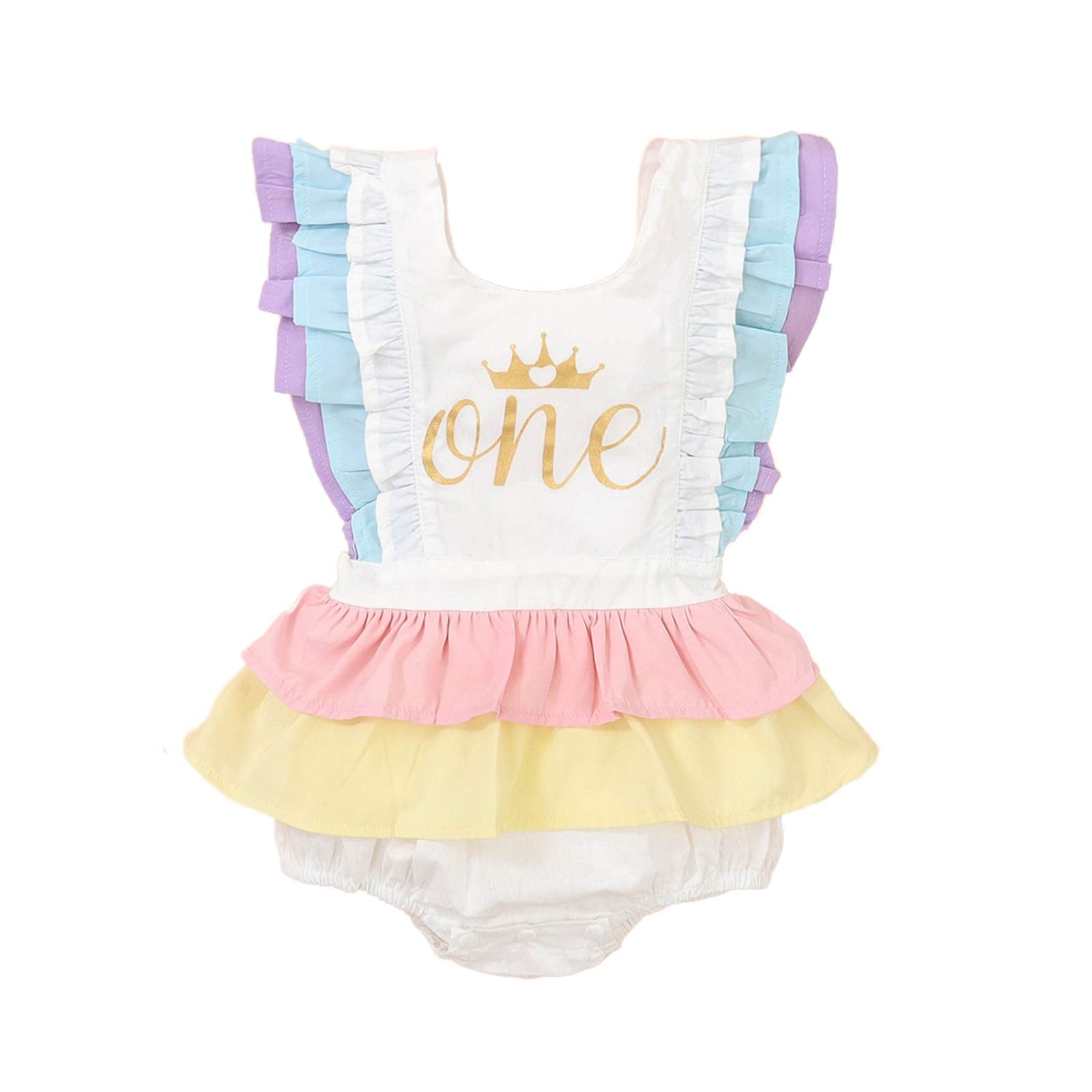 Newborn Infant Baby Girl One 1St Birthday Ruffle Sleeveless Romper Tutu Dress Jumpsuit Bodysuit Cake Smash Outfits (White-Crown,