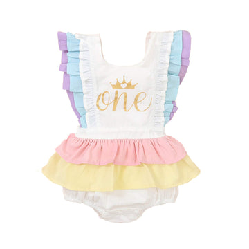 Newborn Infant Baby Girl One 1St Birthday Ruffle Sleeveless Romper Tutu Dress Jumpsuit Bodysuit Cake Smash Outfits (White-Crown,
