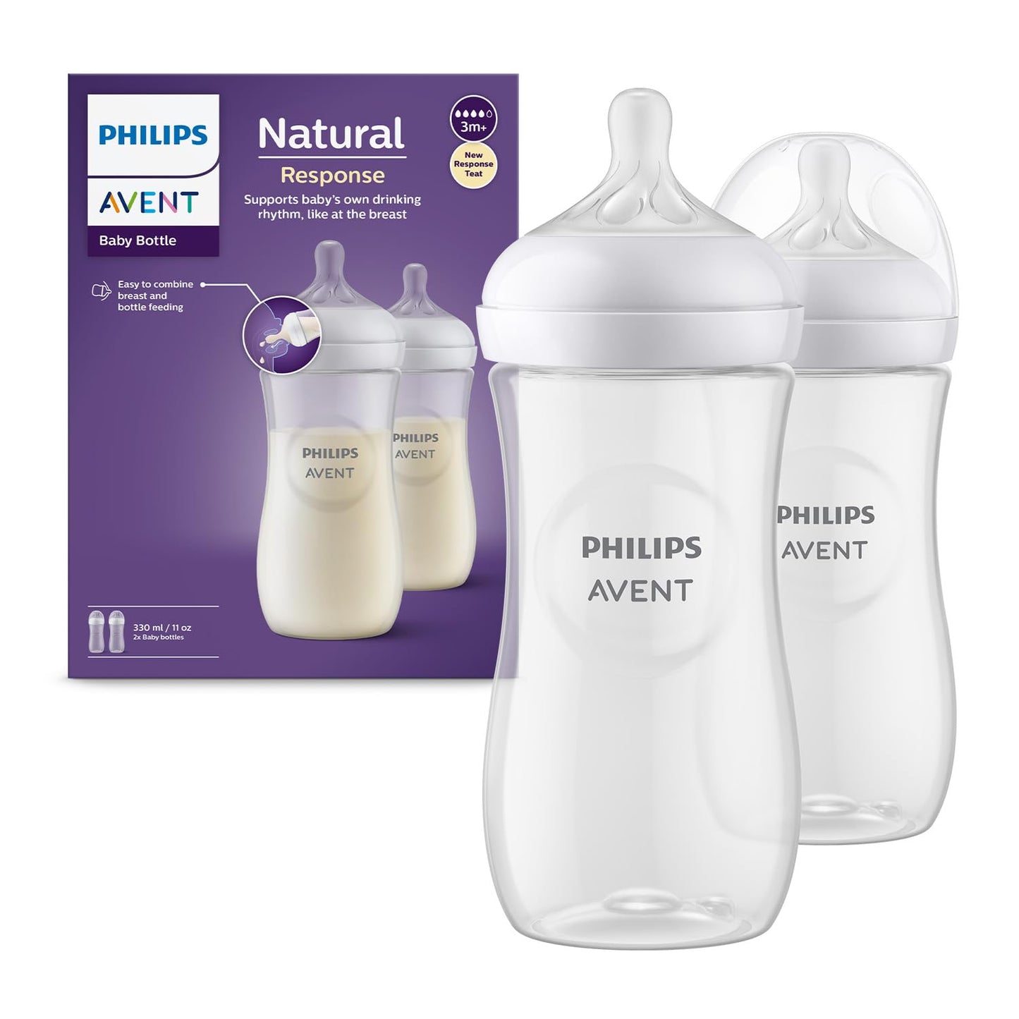 Philips Avent Natural Response Plastic Baby Bottle  330Ml Pack Of 2 |Baby Milk Bottle |Bpa Free For Babies With 3M+ Teat (Scy90