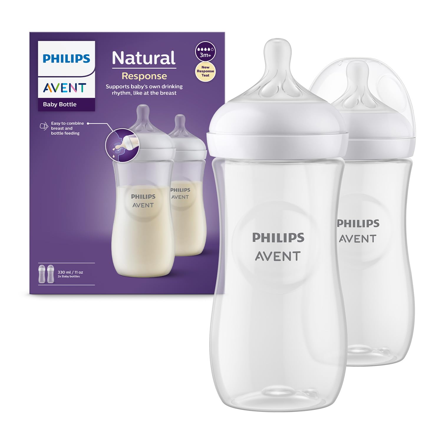 Philips Avent Natural Response Plastic Baby Bottle  330Ml Pack Of 2 |Baby Milk Bottle |Bpa Free For Babies With 3M+ Teat (Scy90