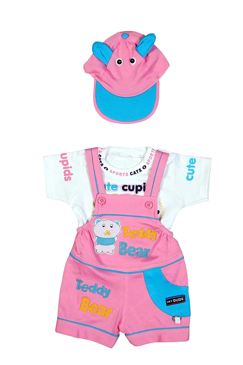 Wearilio Baby BoyS And Baby GirlS Dungree Set / Romper Set With TShirt And Cap (12 Months  24 Months, Pink)