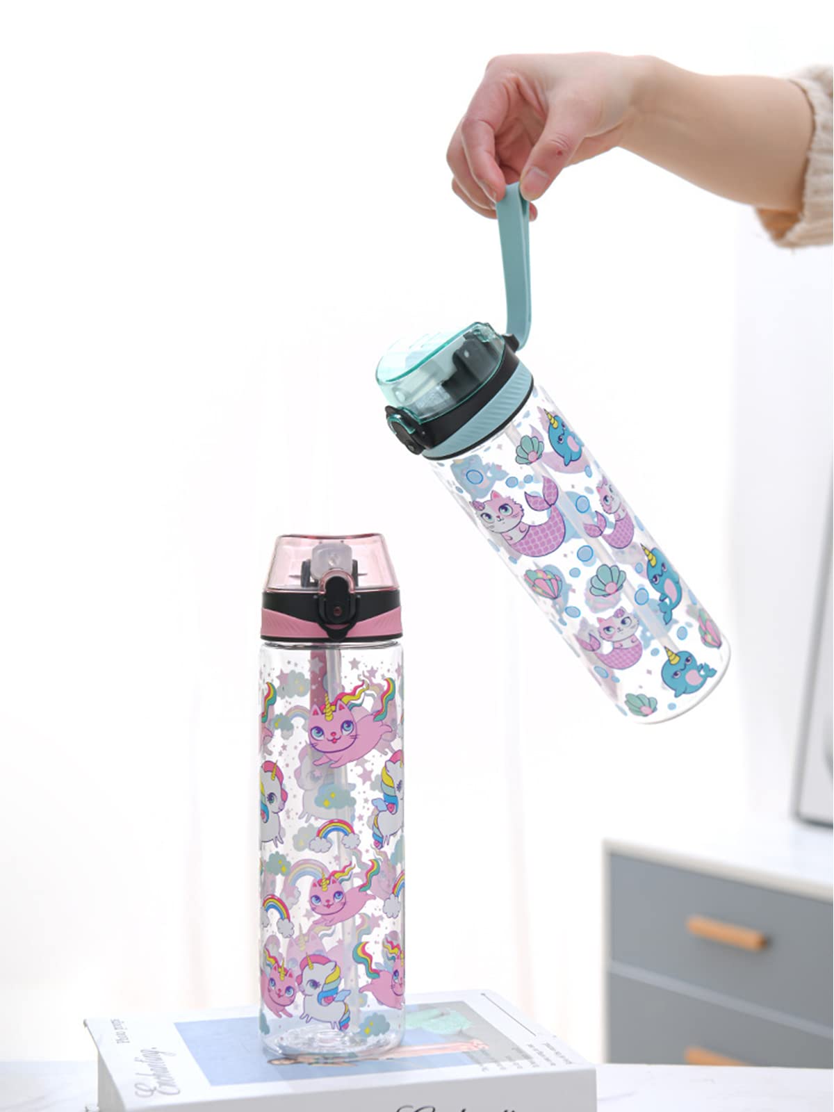 Huin Cute Water Bottle For Girls Women, Water Bottle With Straw For School Kids, Bpa Free Reusable & Spill Proof & Wide Mouth, 2