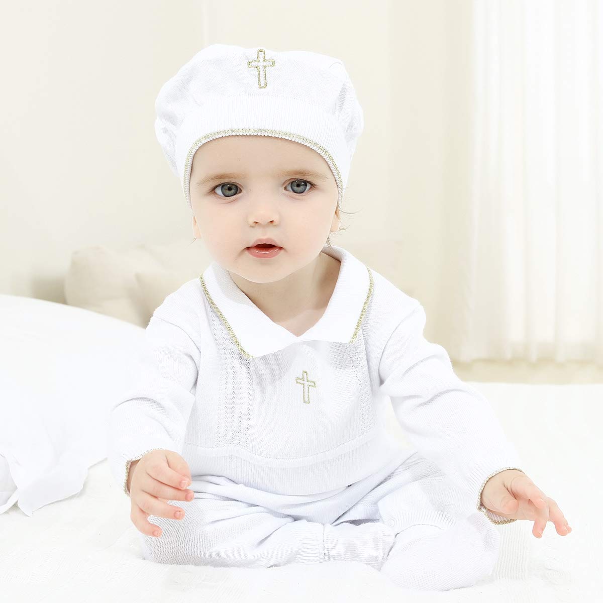 Hapiu Baby Boy Baptism Outfit With Hat Christening Outfit-Cross Detail, 9-12M, Pure White