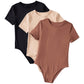 Milumia Girls 3 Pack Ribbed Knit Bodysuits V Neck Short Sleeve Lettuce Trim Romper Jumpsuit Tops Khaki Black Brown 8 Years