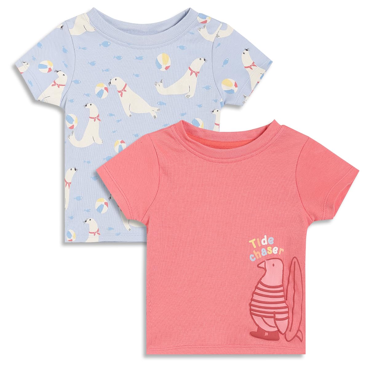Miniklub New Born And Baby Half Sleeve Round Neck Knitted Cotton Pink & Purple TShirt, Pack Of 2 (1824M)