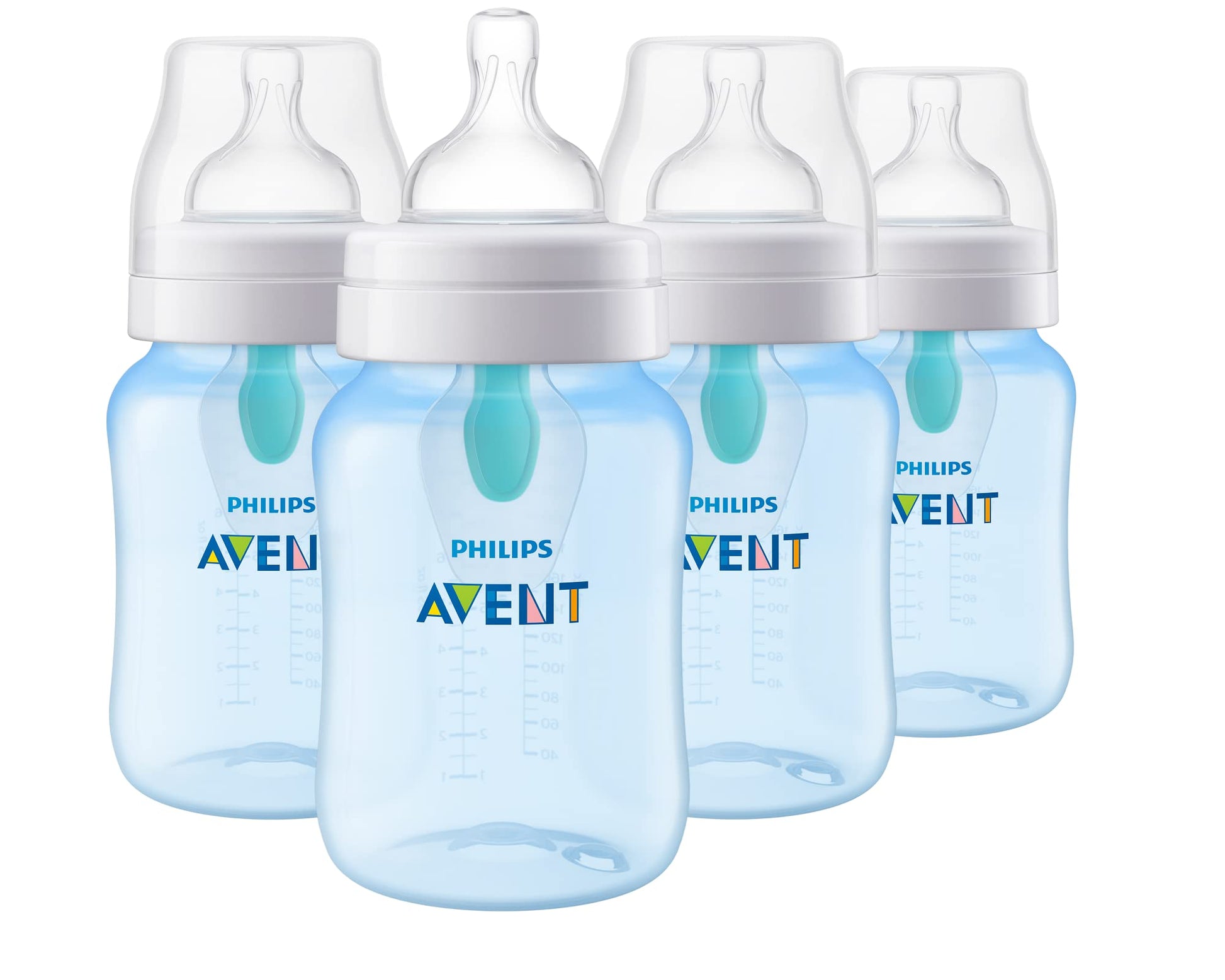 Philips Avent Anti-Colic Bottle With Airfree Vent, 9Oz, With Flow 2 Nipples, 1M+, 4Pk, Blue, Scy703/24