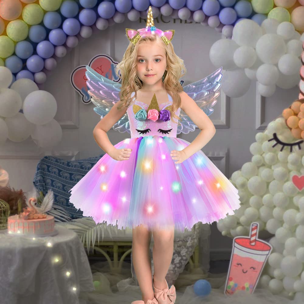 Genafy Unicorn Princess Costumes For Little Girls Led Light Tutu Dress Up Clothes With Headband Wings Halloween Gifts Christmas