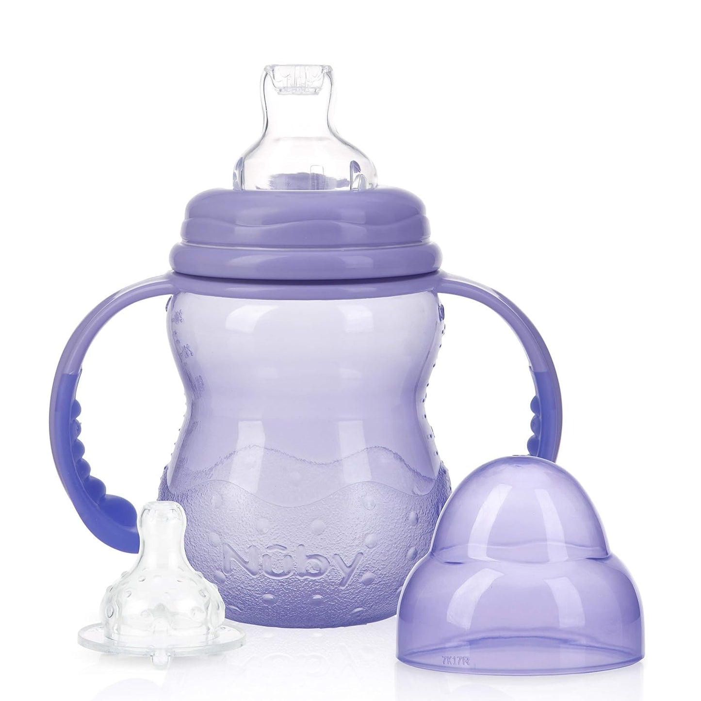 Nuby 3-Stage Wide Neck No Spill Bottle With Handles And Non-Drip Juice Spout, 3 Months, 8 Ounce, 2 Count, (Pink/Purple)