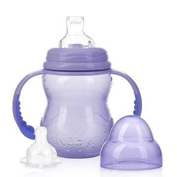 Nuby 3-Stage Wide Neck No Spill Bottle With Handles And Non-Drip Juice Spout, 3 Months, 8 Ounce, 2 Count, (Pink/Purple)
