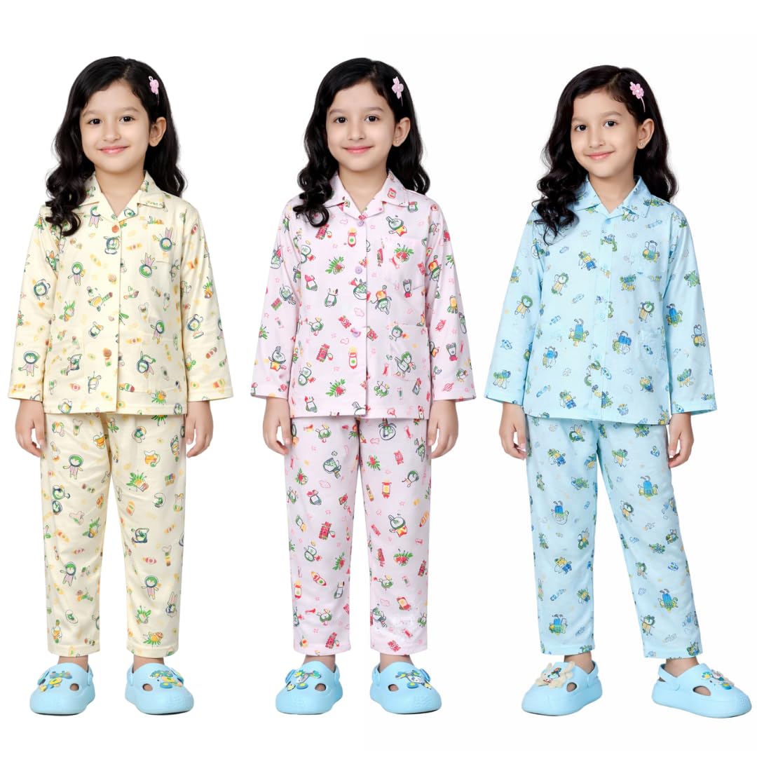 Chiclift Girls Cotton Printed Pajama Set, Yellow, Pink and Blue Long Sleeve Shirt and Pants, Pack of 3  (2 Years3 Years)