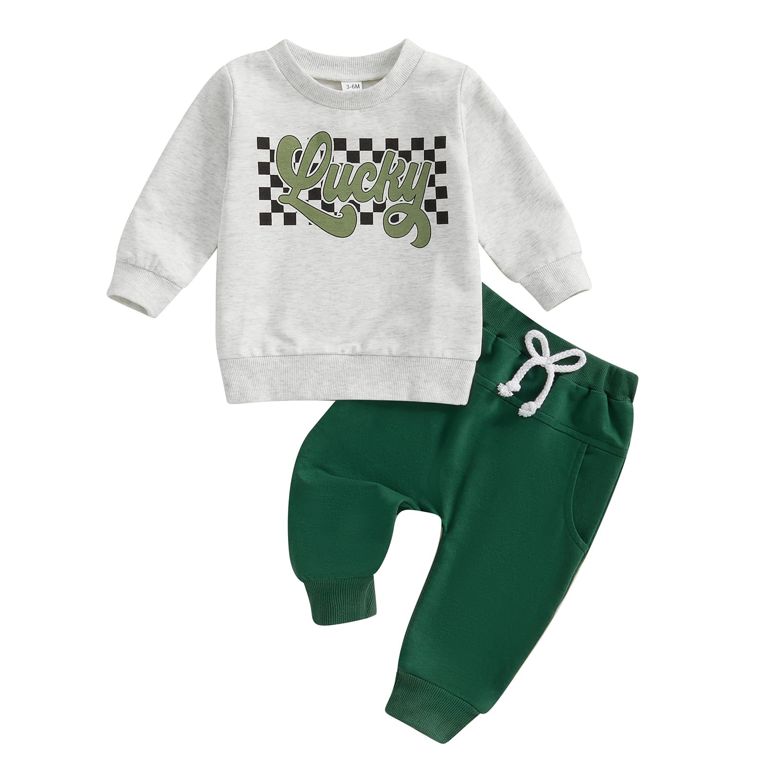 Kupretty Toddler Baby Boy Clothes Valentines Day Outfit Graphic Long Sleeve Crewneck Sweatshirt + Joggers Pants Sets (Lucky Gray