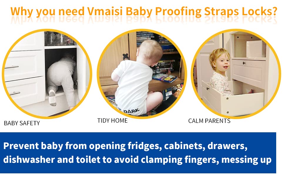 Vmaisi Baby Proofing Cabinet Locks - Childproofing Adjustable Multi Use Straps Latches for Drawers, Fridge, Dishwasher, Toilet S
