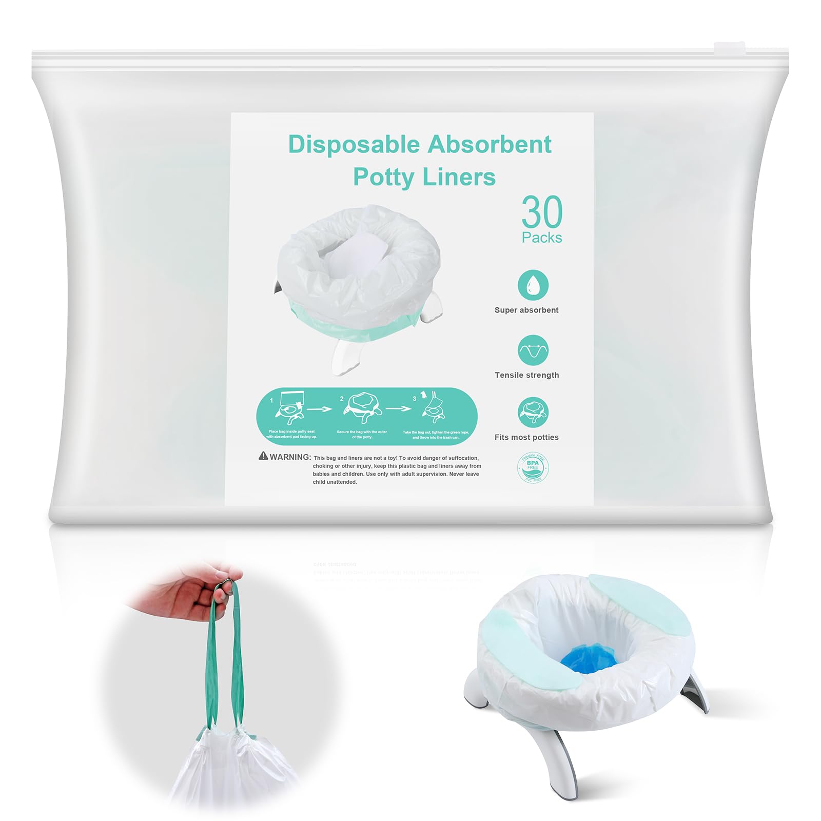 Disposable Potty Liners with Absorbent Pads - 30 Counts, Leak-Proof Tr ...