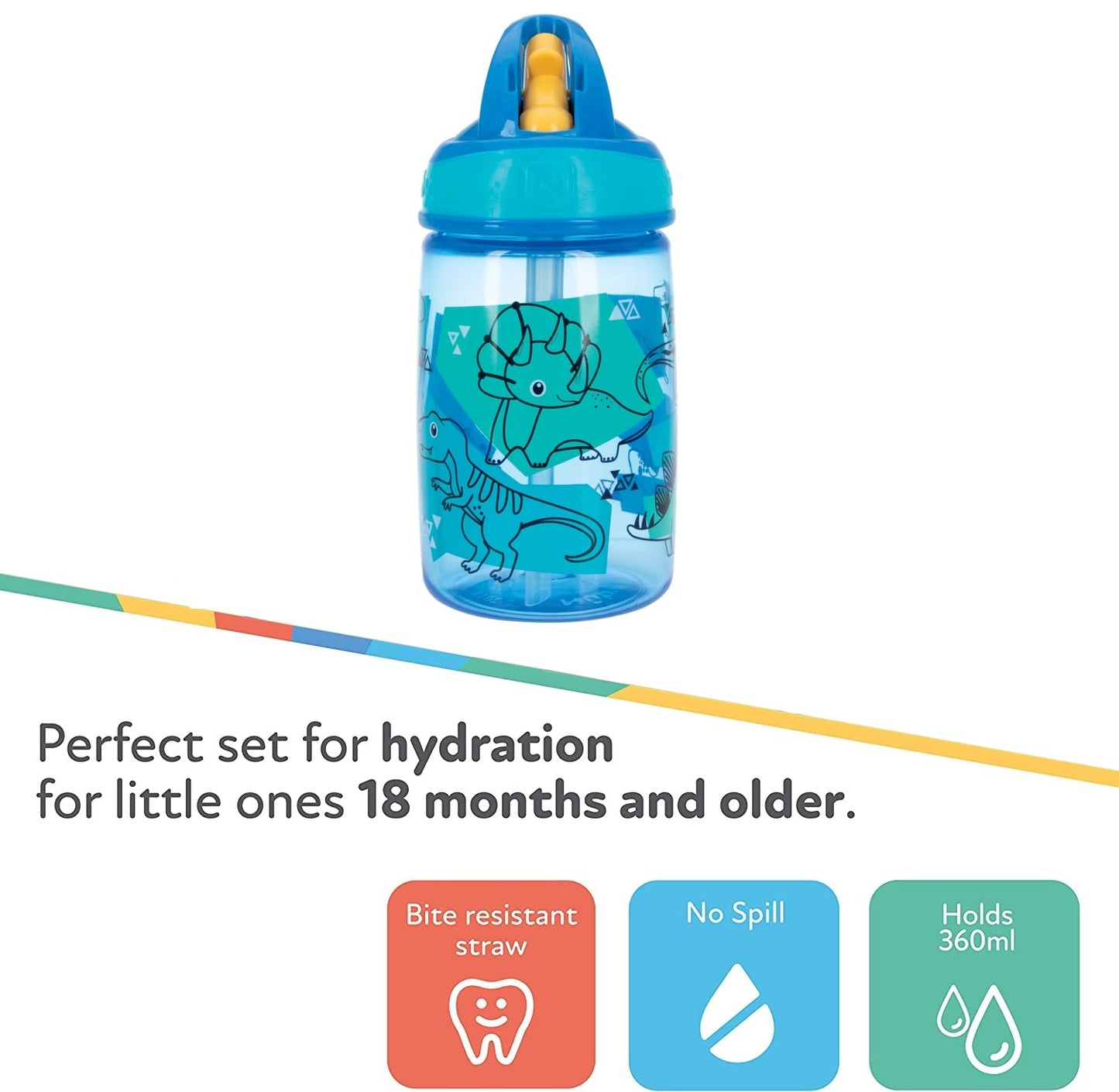Nuby Flip-It Kids On-The-Go Printed Water Bottle With Bite Proof Hard Straw - 12Oz / 360 Ml, 18+ Months, 1 Pack Of 1 Piece, Prin