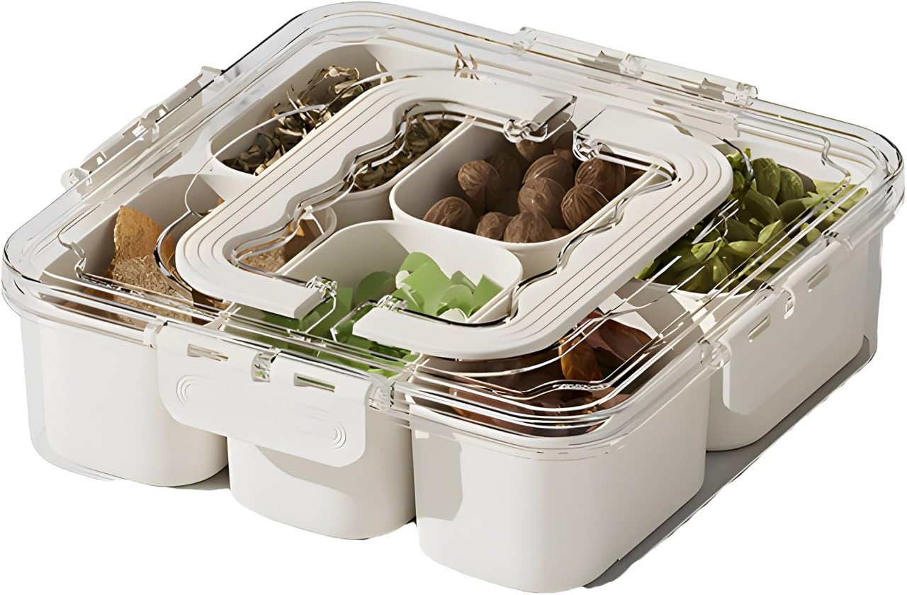 Rathoyagn Silicone Divided Fridge Storage Boxes With Serving Veggie Tray With Lid And Handle, Fridge Organizer With Removable Co