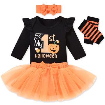 Aalizzwell 0-3 Months Baby Girls Halloween Outfit Infant 1St Halloween My Tulle Skirt Ghost Pumpkin Clothes With Leg Warmers Clo