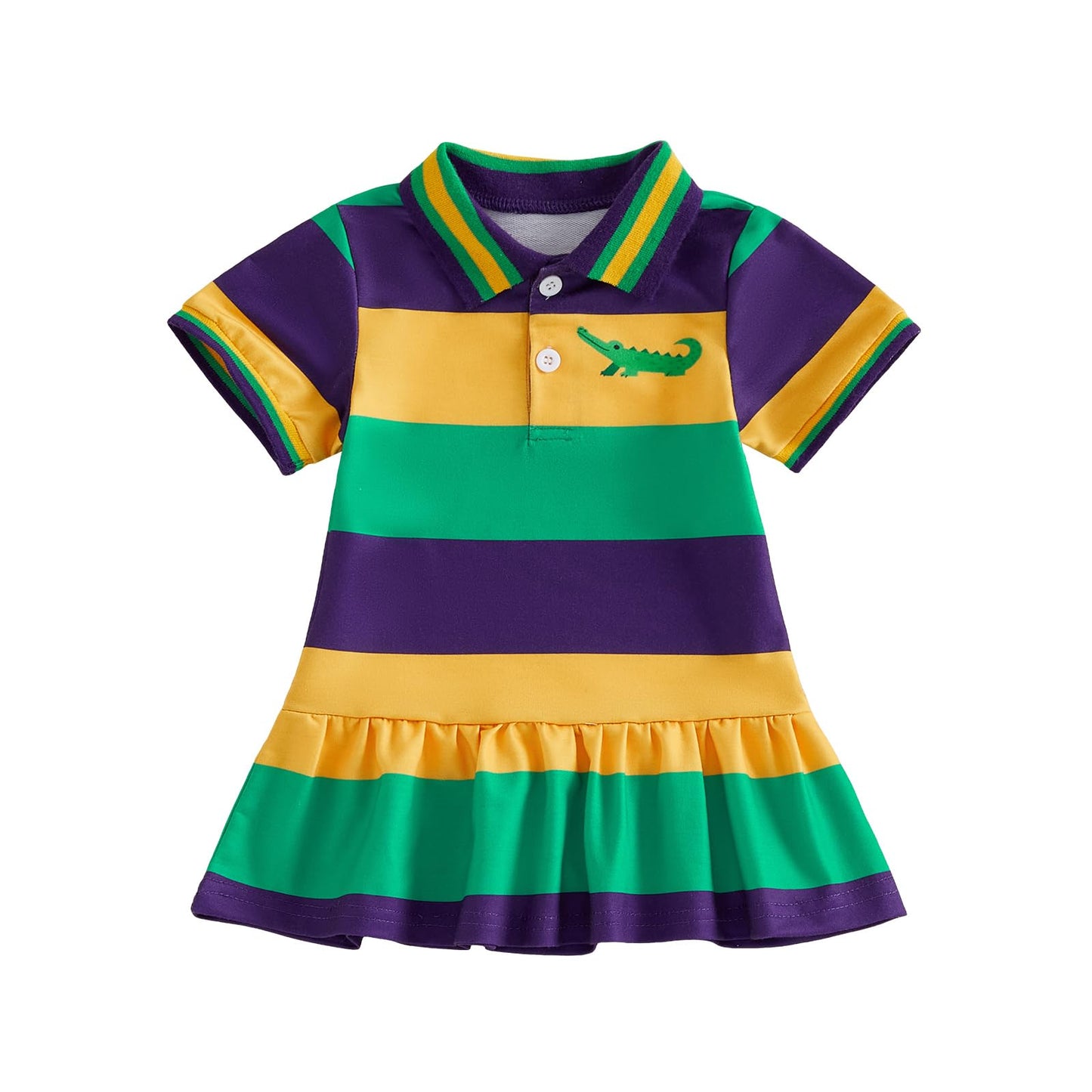 Toddler Little Girls Mardi Gras Dress Crocodile Short Sleeve Striped Lapel Ruffle Dresses Kids Baby Carnival Outfit (Purple, 3-4