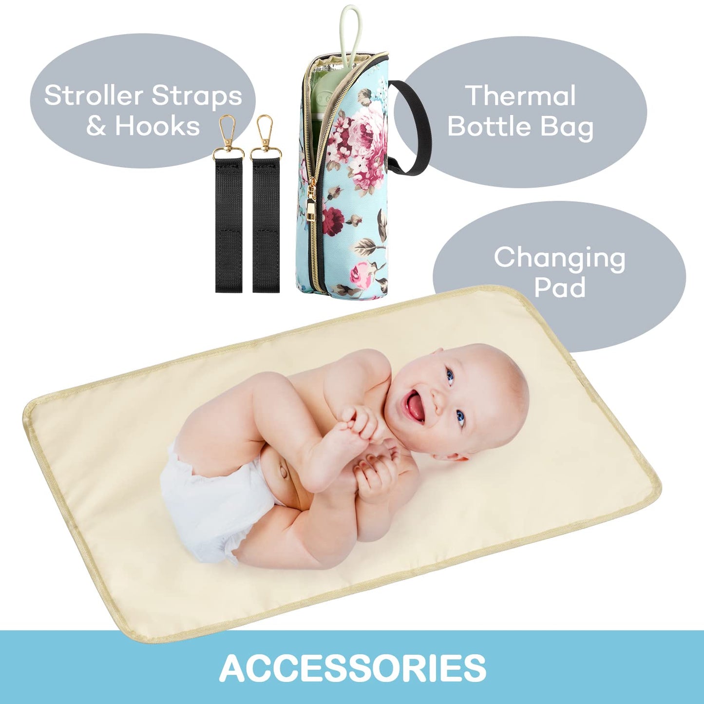 Litbear Diaper Bag Backpack, Large Capacity Multifunction Nappy Bags, Waterproof Baby Bag Floral Insulated Sturdy Travel Materni