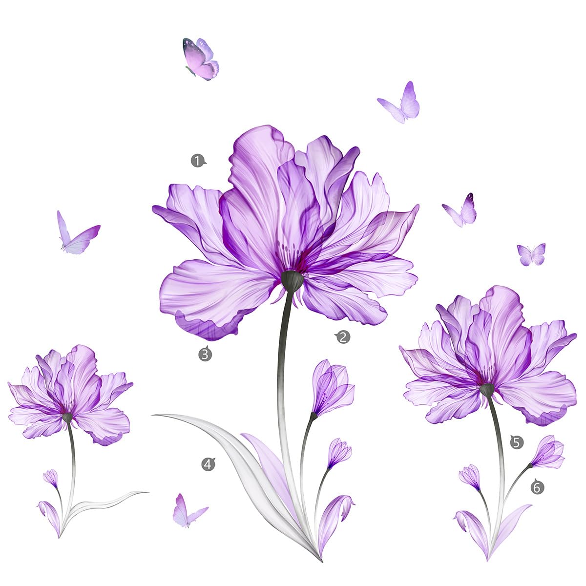 Purple Flower Butterfly Wall Stickers Removable Peel And Stick Murals Wall Decals For Living Room Bedroom Door Aisle Sofa Tv Bac