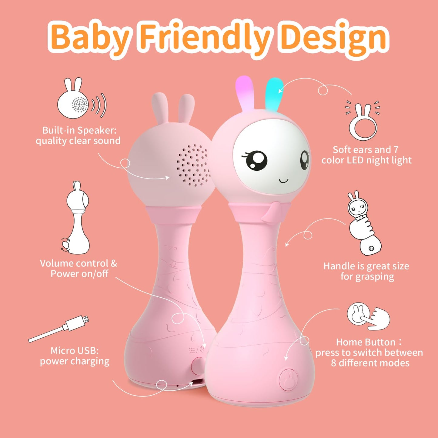 alilo Yoyo Talking Bunny Baby Musical Light-Up Rattle Toys 0-6-12-18 Months, Voice Mimicking Toys, Preloaded 90+ Audio Content,