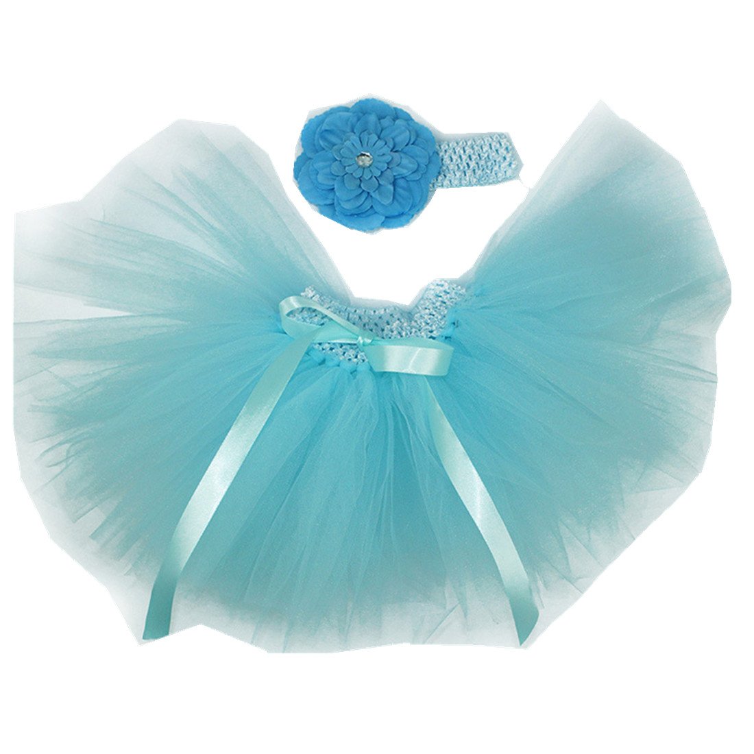 Newborn Baby Girls Birthday Layered Tulle Tutu Skirt Flower Peony Headwear Outfits Lake Blue