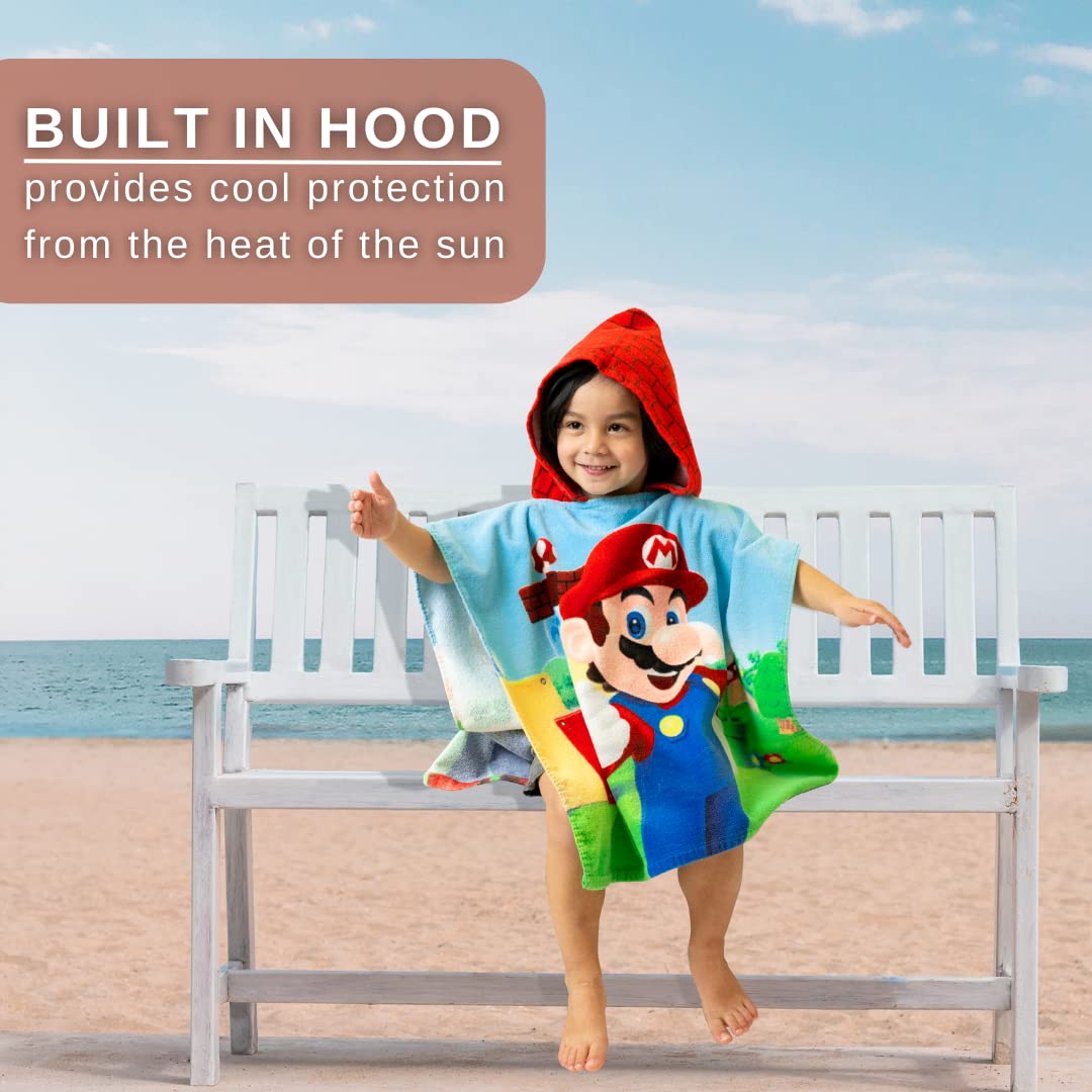 Franco Super Mario Kids Beach/Pool/Bath/Camping Hooded Towel Poncho 24' X 22', Absorbent Cotton Cover Up, (Official Nintendo P