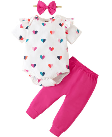 Fullfamous Baby Girl Clothes Gifts Outfits,Spring Summer Short Sleeve Romper And Pant Set Raspberry Heart 6-12 Months