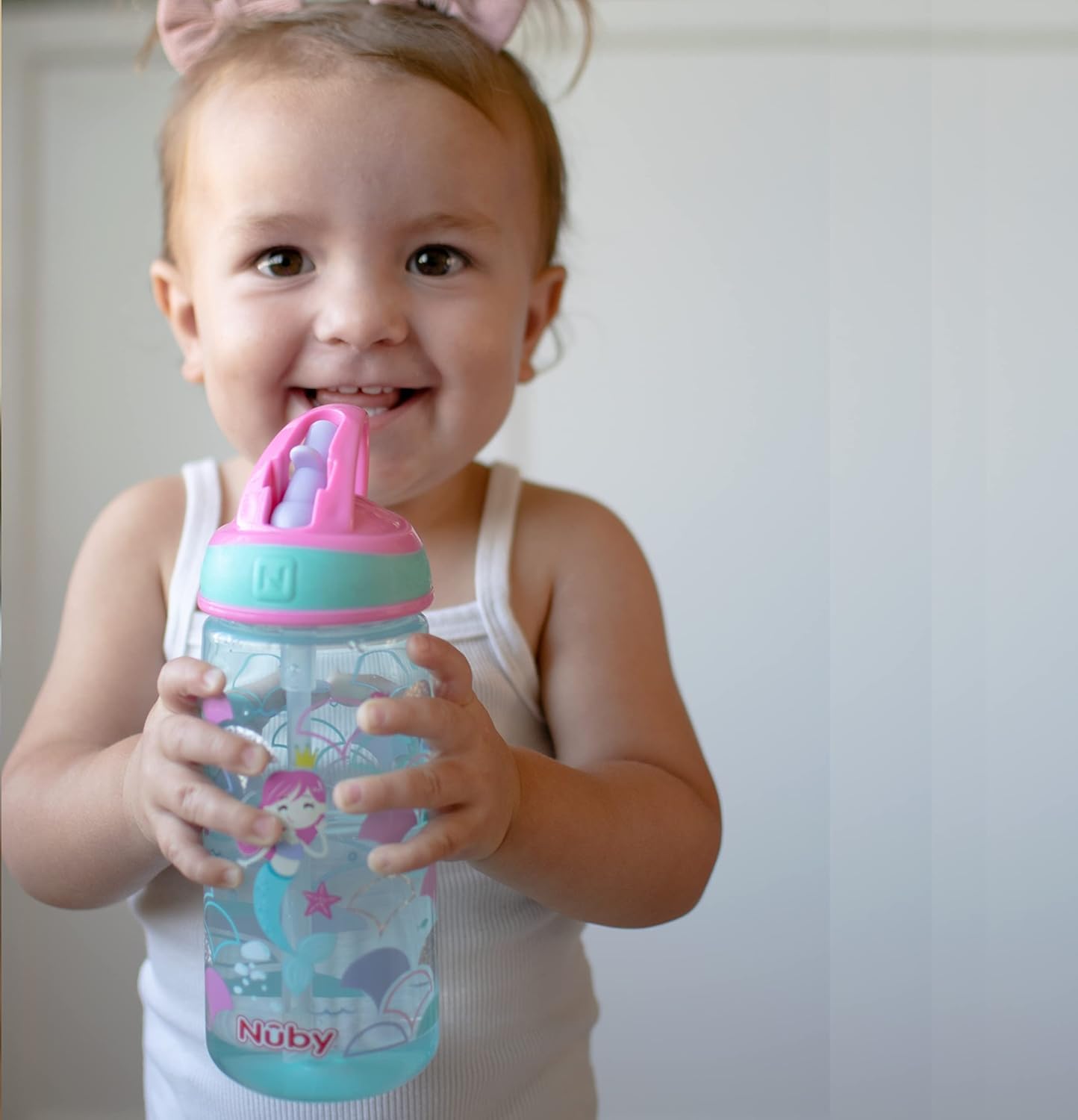 Nuby 2 Pack Iridescent Pp Flip-It Kids On-The-Go Printed Water Bottle With Bite Proof Hard Straw - 18Oz / 540 Ml, 18+ Months, 2