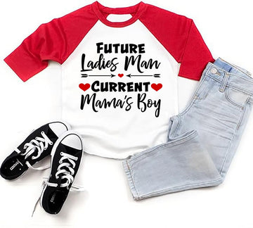 Future Ladies Man Current Mama'S Boy Raglan T-Shirt Toddler Boy Valentine'S Day 3/4 Sleeve Top Spring Cotton Outfit (2-3T, Red)