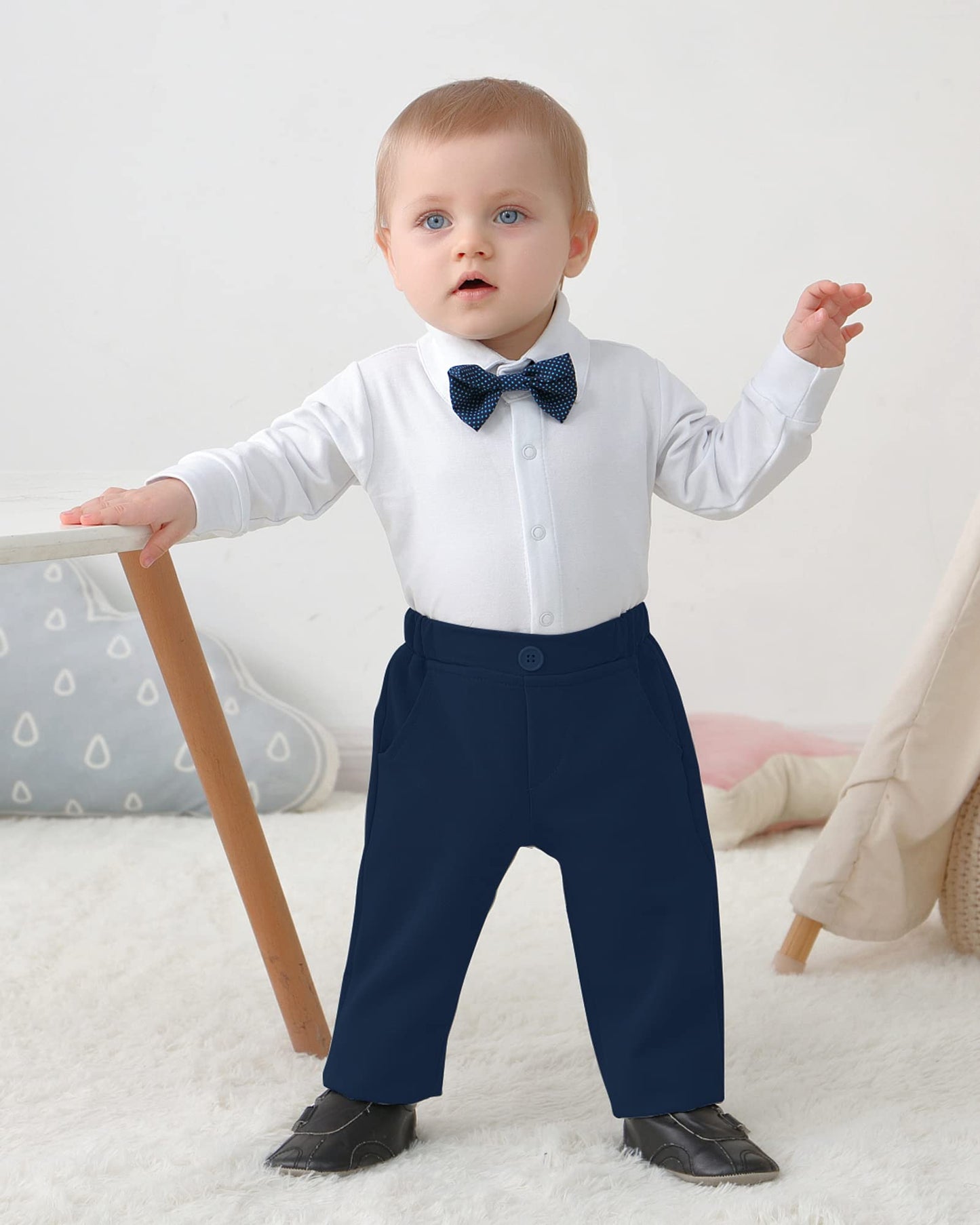Disaur Baby Boy Clothes Toddler Boy Outfits, 4Pc Gentleman Dress Romper + Vest + Pants + Bow Tie Cotton Suit Set (Navy Blue,3-6