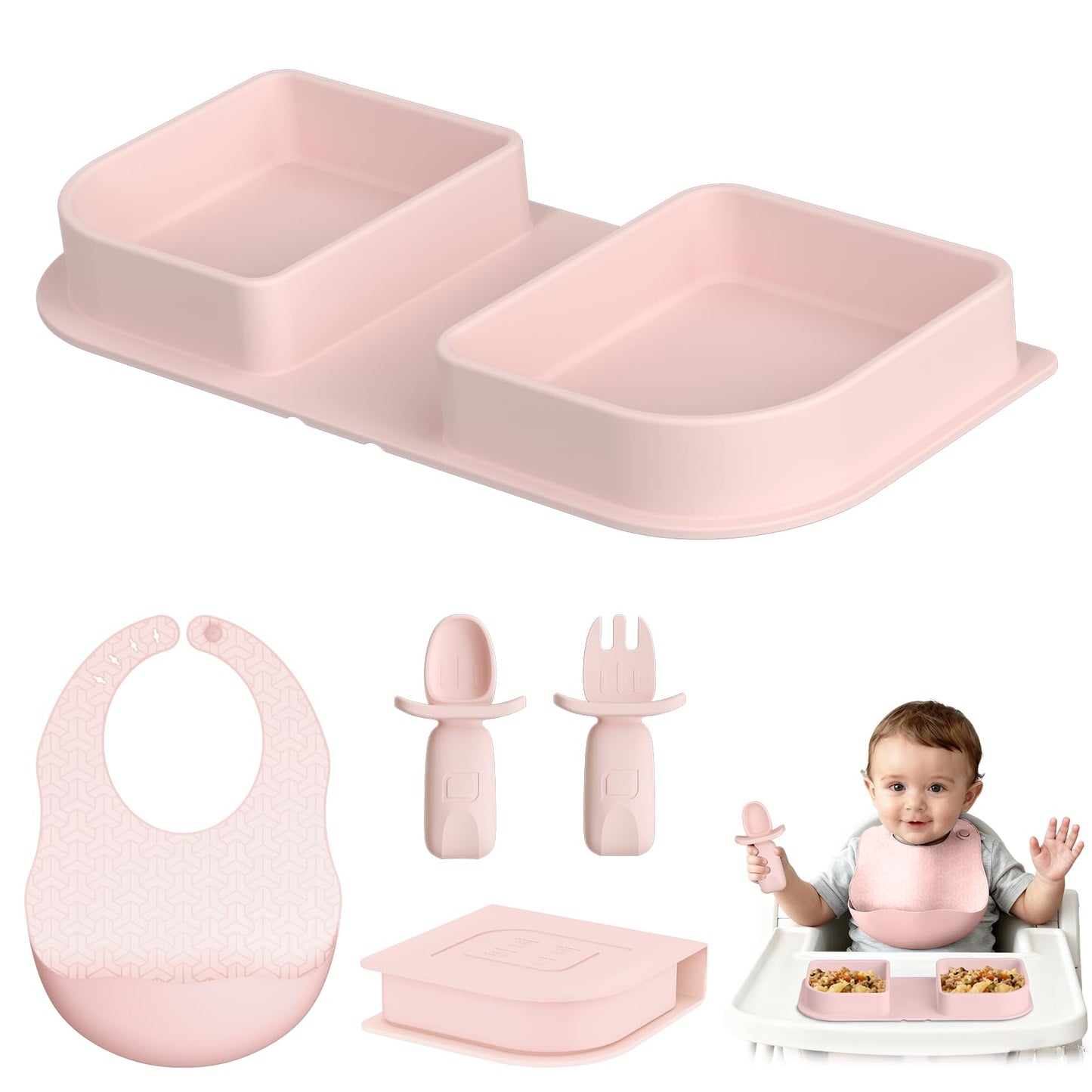 AYHIT Traval Silicone Foldable Feeding Set, On-the-Go Baby Feeding Supplies Including Toddler Plates, Silicone Baby Spoon&Fork, 