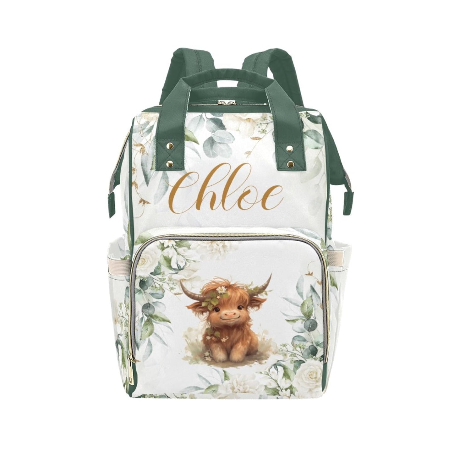 Personalized Diaper Bag Backpack for Women, Custom Name Nursing Mommy Daypack, Highland Cow Diaper Bag for Girls Boys, New Mom G