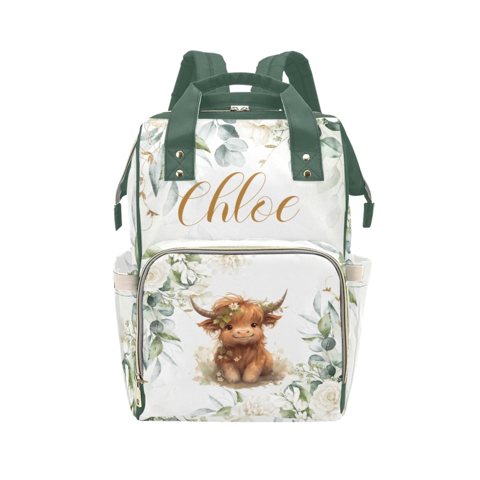 Personalized Diaper Bag Backpack for Women, Custom Name Nursing Mommy Daypack, Highland Cow Diaper Bag for Girls Boys, New Mom G