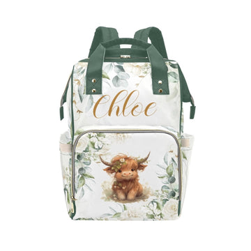 Personalized Diaper Bag Backpack for Women, Custom Name Nursing Mommy Daypack, Highland Cow Diaper Bag for Girls Boys, New Mom G