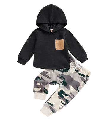 Baby Boy Clothes 3 6 9 12 18 24M 3T Pants Set Hooded Patchwork Hoodie Striped Sweatpants Fall Winter Outfit (Black&Camo, 6-12 Mo