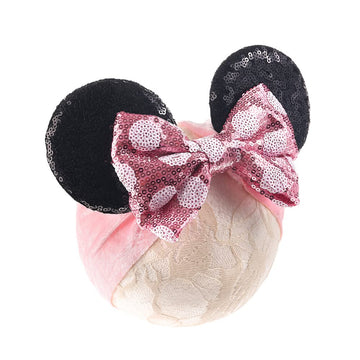 Jiahang Baby Girl Mouse Ears Headwrap With Sequin Polka Dot Bow, Wide Velvet Turban Hairband, Hair Bow Headband For Toddler, Kid