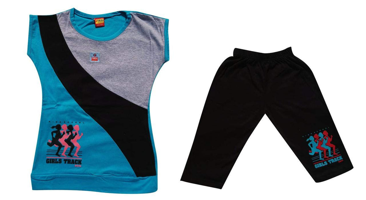 GMR Girls/Kids tShirt and 3/4th Pant Combo,Nightwear,Pyjama Set  Blue (3 Years)