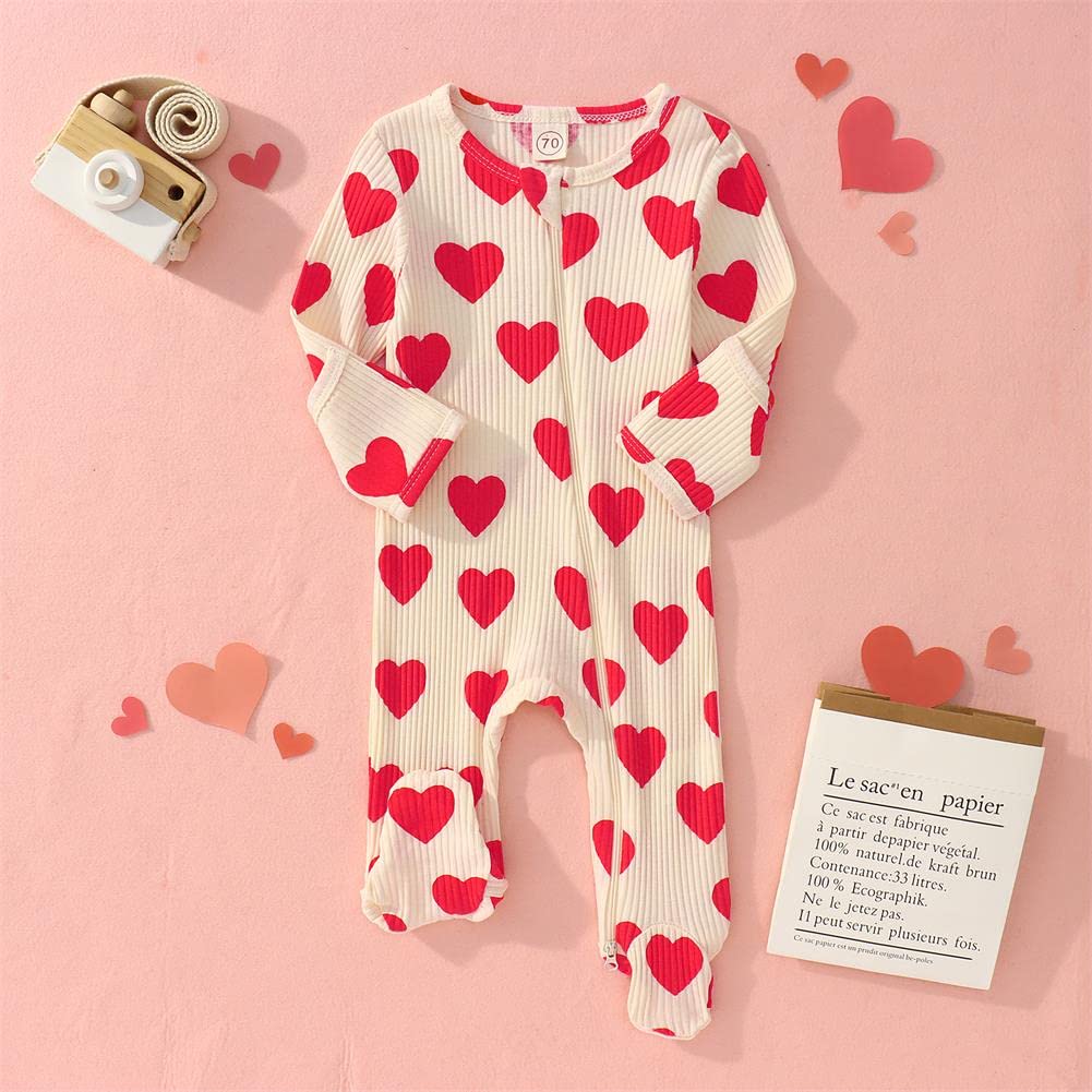 Gliglittr Newborn Infant Baby Girl Valentine'S Day Romper Long Sleeve Bodysuit Cute Heart Print Ribbed Onesie Jumpsuit(Beige,12-