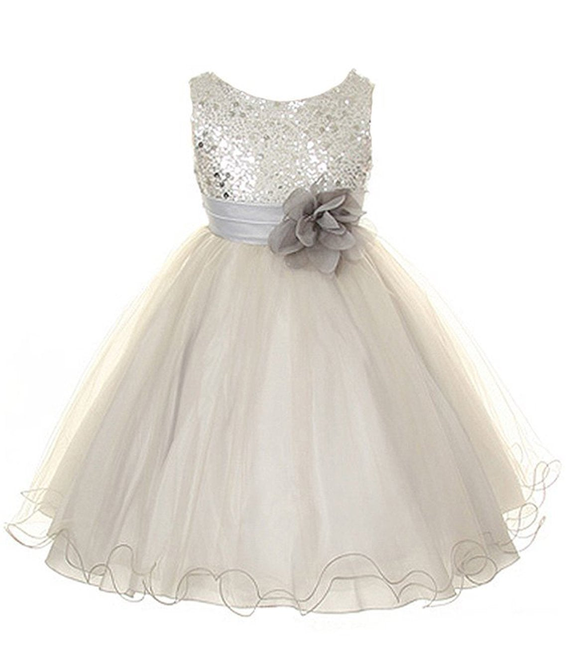 Absolutely Beautiful Sequined Bodice With Double Tulle Skirt Party Flower Girl Dress-Kd305-Silver-M