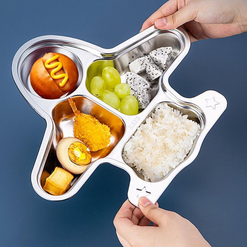 Happy Hues Stainless Steel Divided Meal Plate Tray3 Compartments Dinner Dish For Baby (Plane)