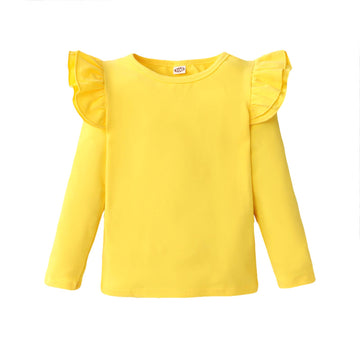 Lysmuch Toddler Baby Girls Long Sleeve Ruffle T Shirt Kids Casual Plain Solid Top Blouse T-Shirt Undershirt (Yellow,3-4T)