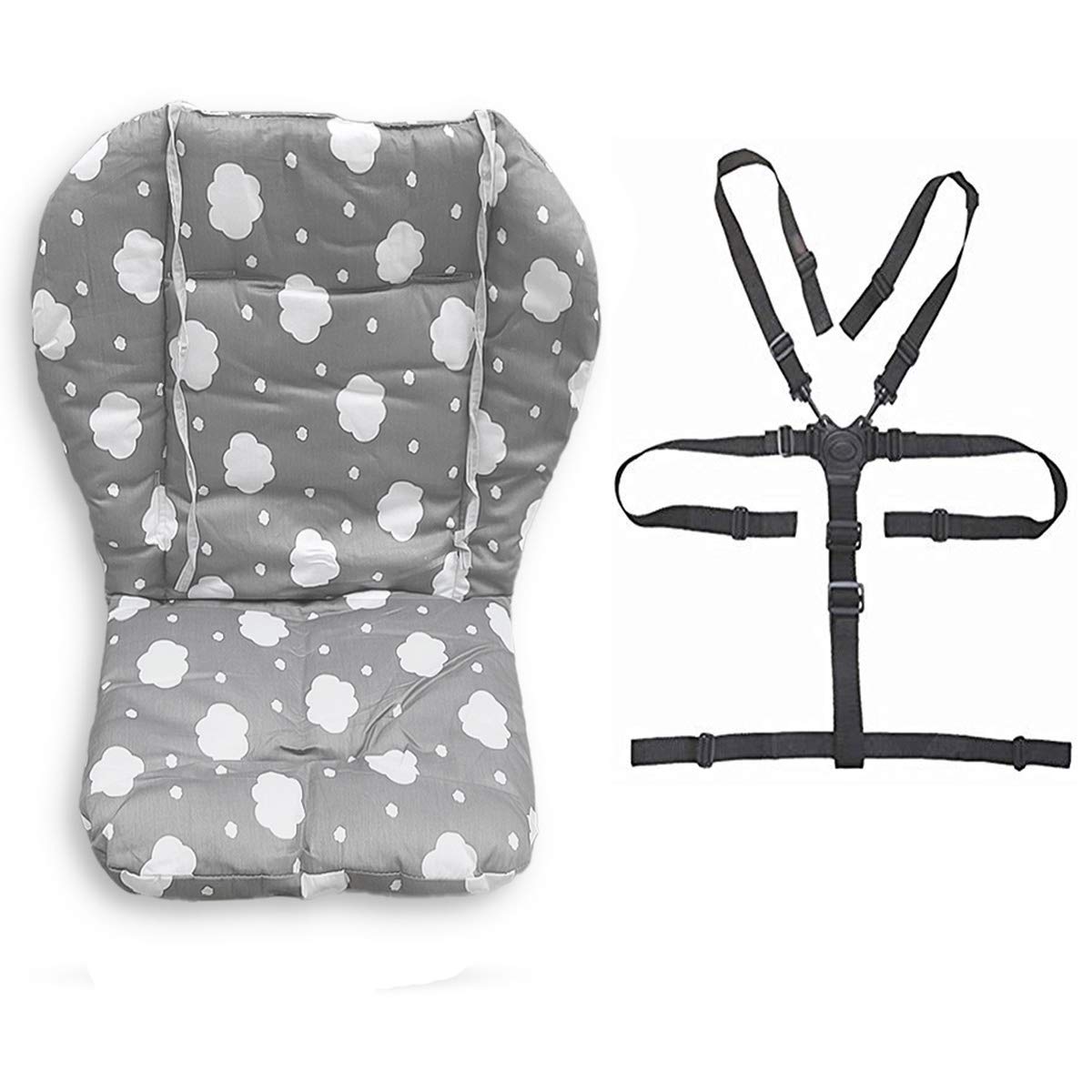 Twoworld Baby High Chair Seat Cushion Liner Mat Pad Cover Resistant And High Chair Straps (5 Point Harness) 1 Suit (Gray Clouds)