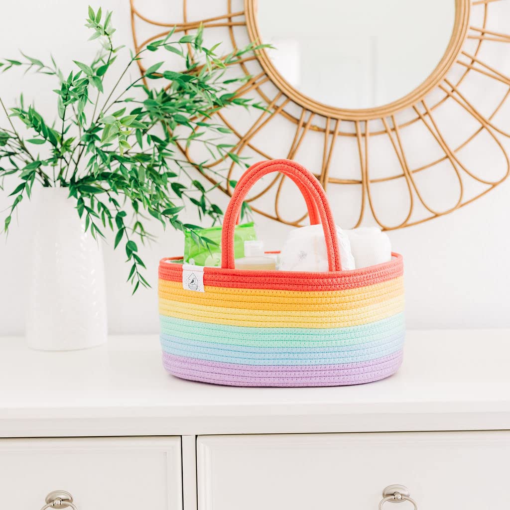 Organihaus Rainbow Baby Diaper Caddy Organizer For Girls, Nursery Rope Baby Basket For Organizer, Changing Table Organizer, Wove