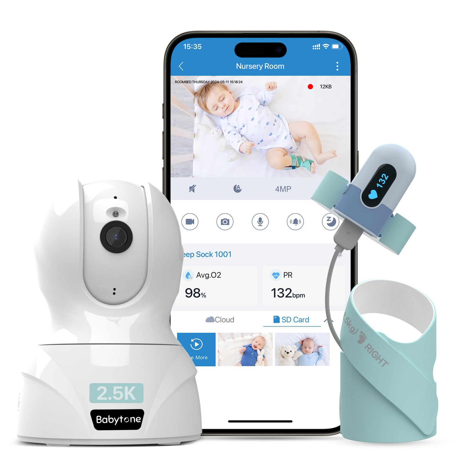 Babytone Baby Monitor - Smart Sleep Sock & 2.5K HD Camera, Track Heart Rate & Average Oxygen Level, Cry/Motion Detect, Two-Way A