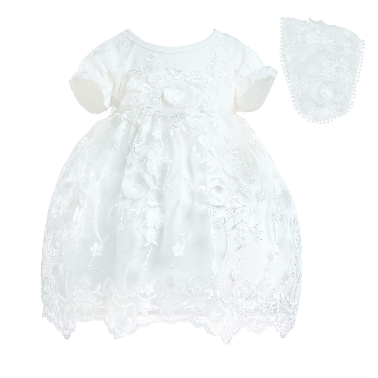 Baby Girls Lace Dress Christening Baptism Gowns Outfit With Bonnet For Party Wedding Off-White