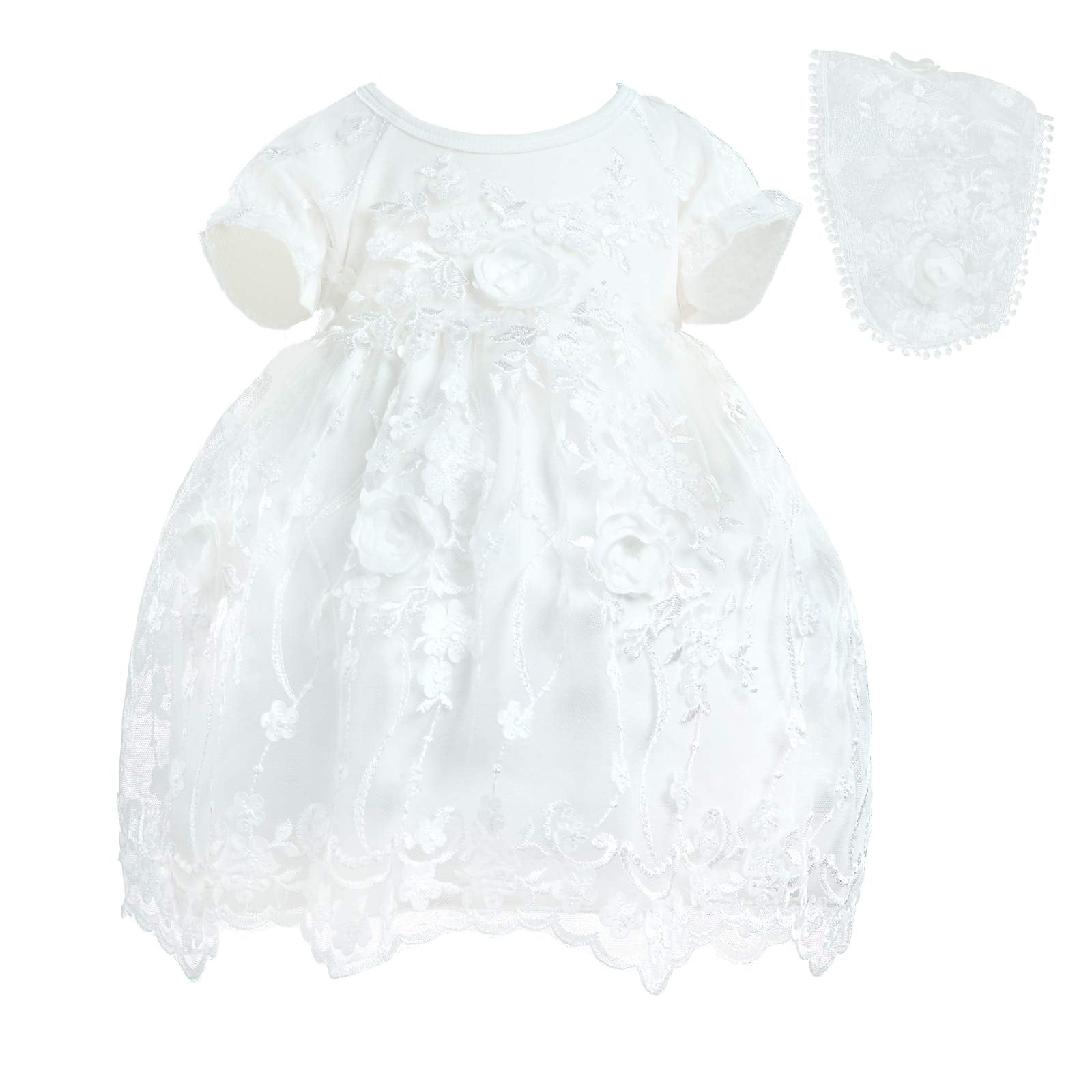 Baby Girls Lace Dress Christening Baptism Gowns Outfit With Bonnet For Party Wedding Off-White