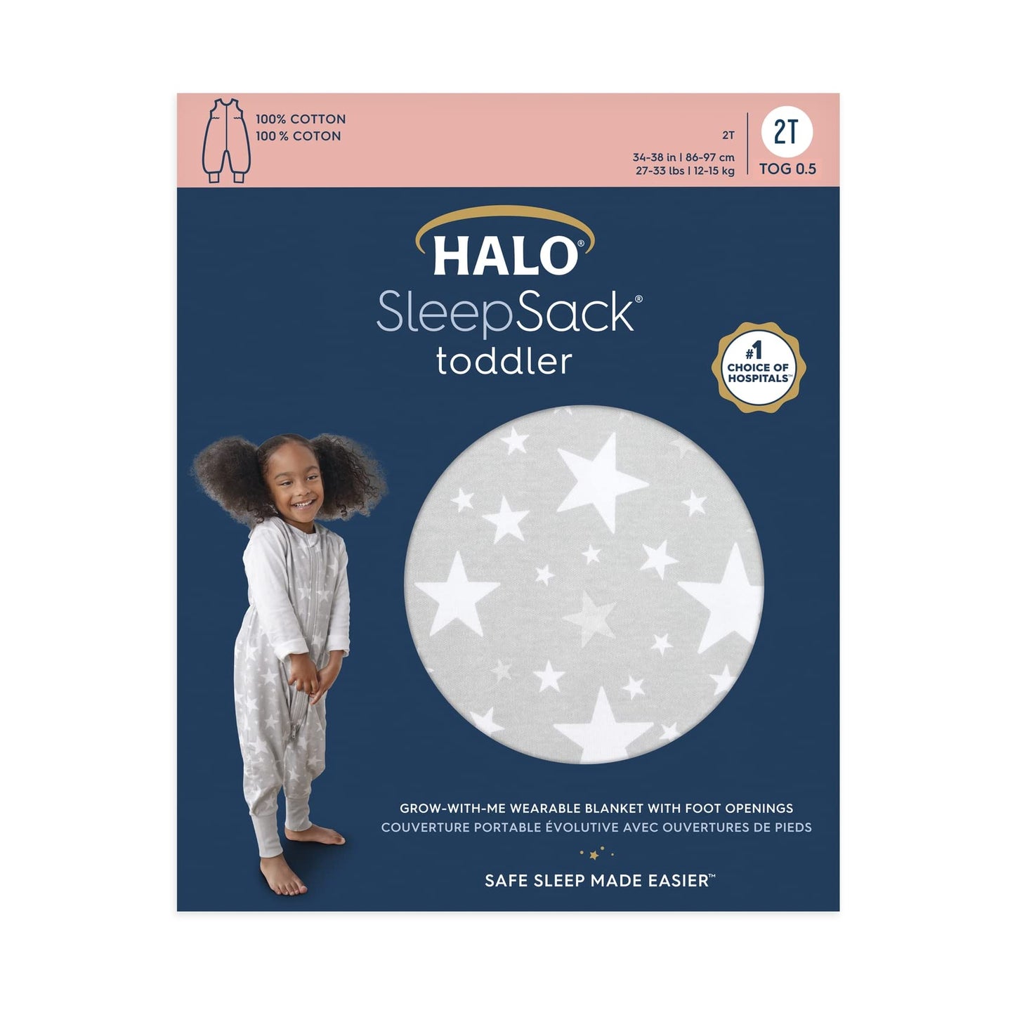 HALO Sleepsack Toddler Sleeping Bag, 100% Cotton Wearable Blanket, TOG 0.5, in The Stars, 12-24M