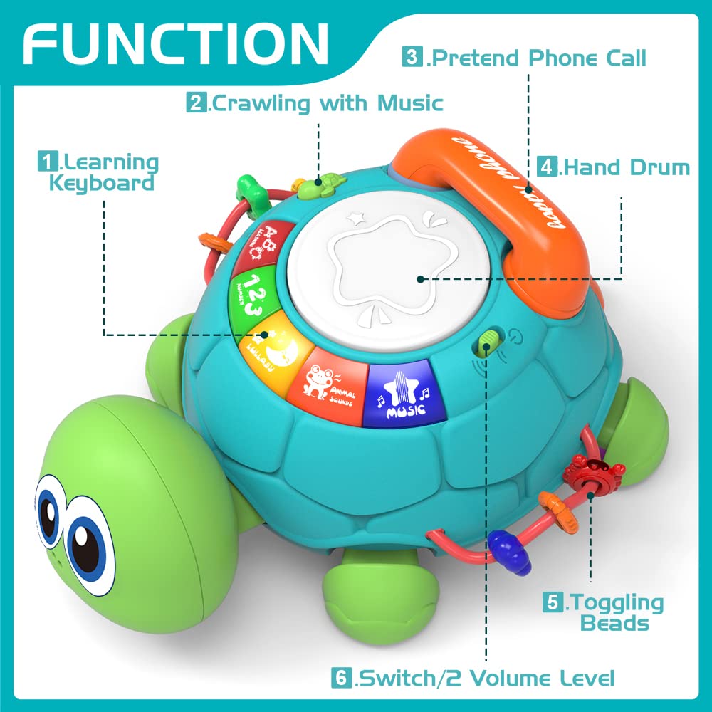 Baby Toys 6 to 12 Months, Musical Turtle Crawling Baby Toys for 12-18 Months, Early Learning Educational Toy with Light & Sound,