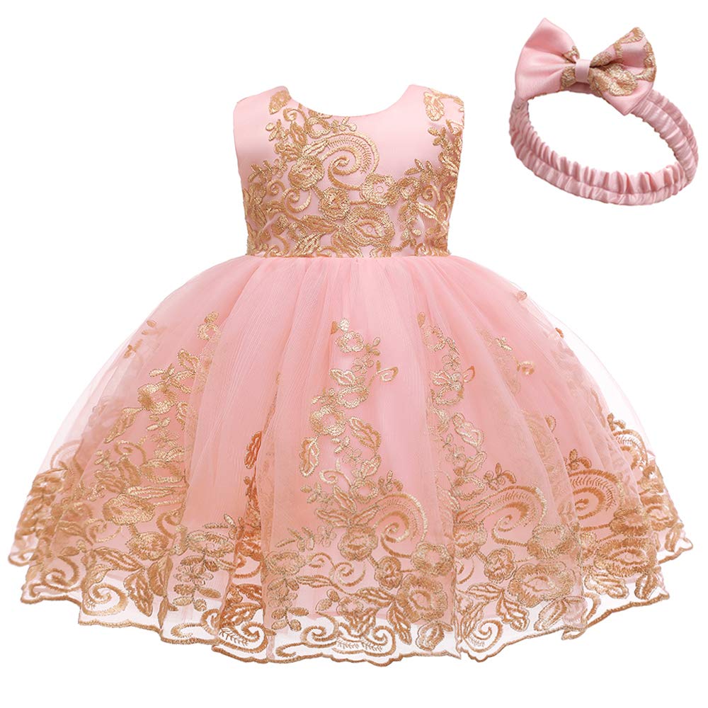 Baby Princess Girls Embroidery Dresses Toddler Lace Ruffles New Year Easter Tutu Dress With Headwear (Pink02,80)